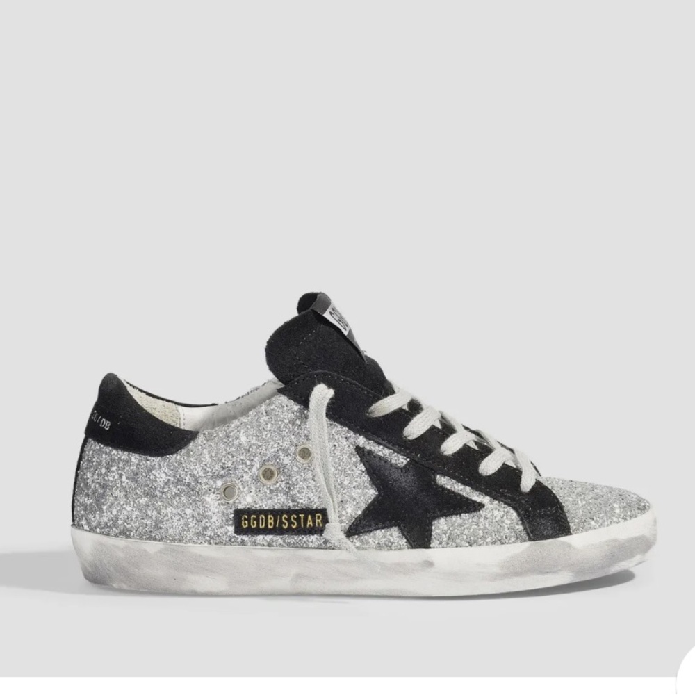 Golden Goose Superstar Silver Glitter Leather & Black Suede Star Sneakers 40